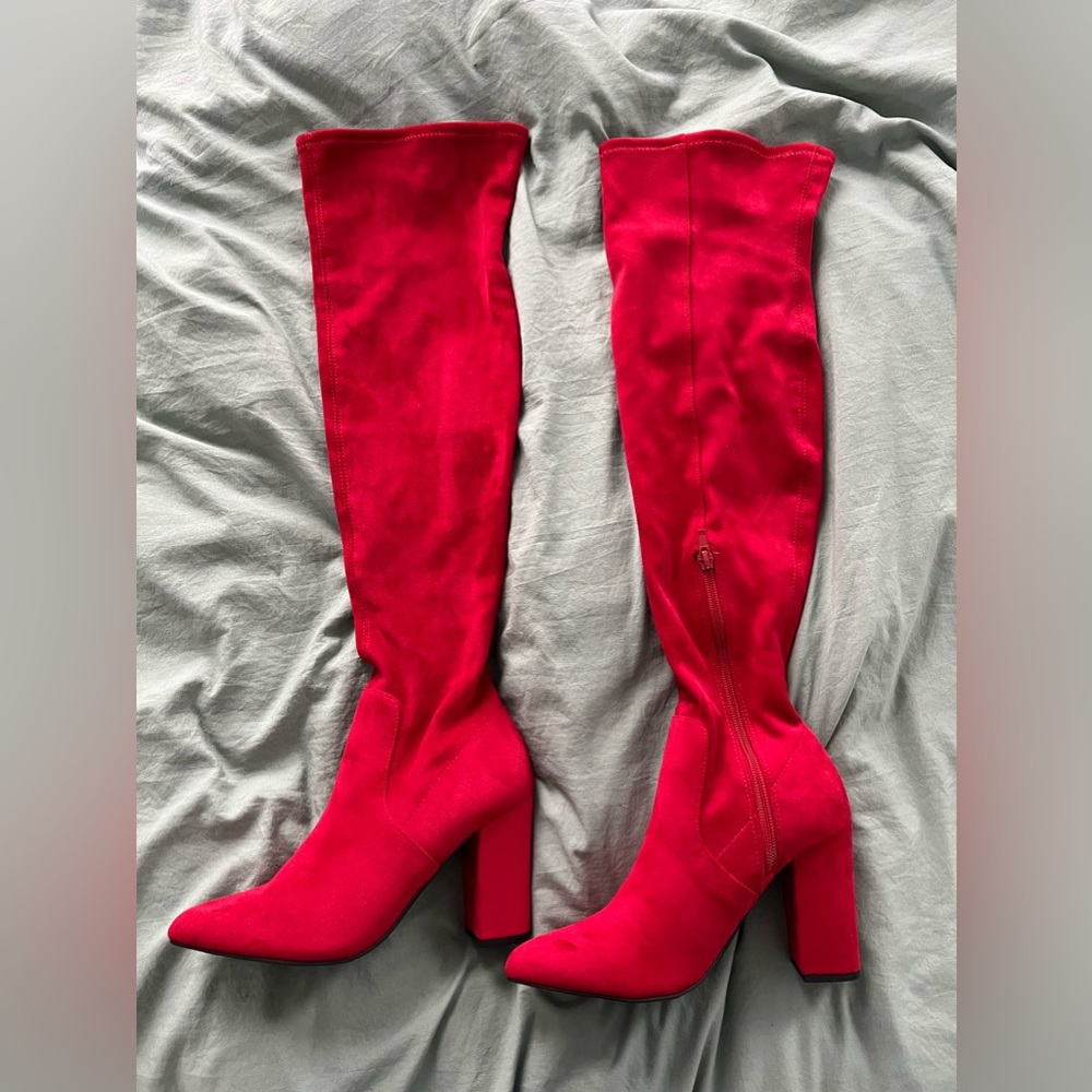 Red micro suede thigh high boots, never worn